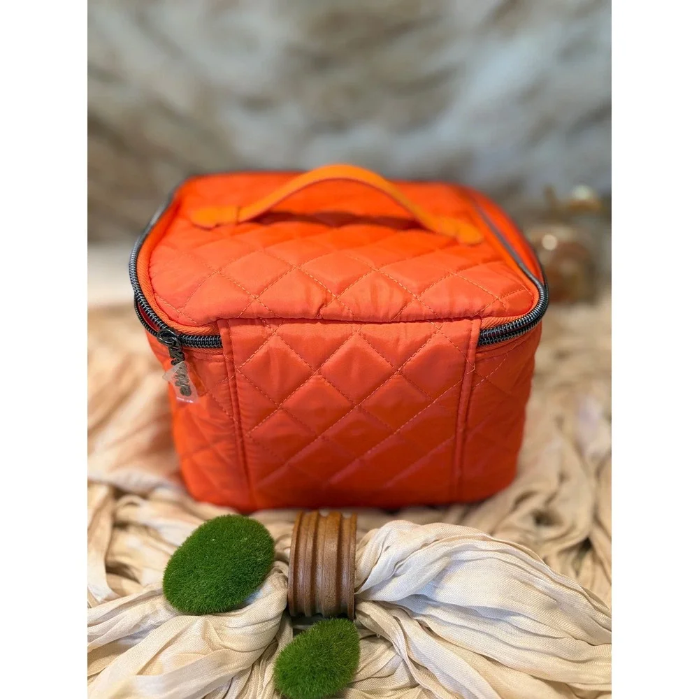 Sunday Riley Orange Quilted Nylon Travel Makeup Bag Vanity Case Zip Closure